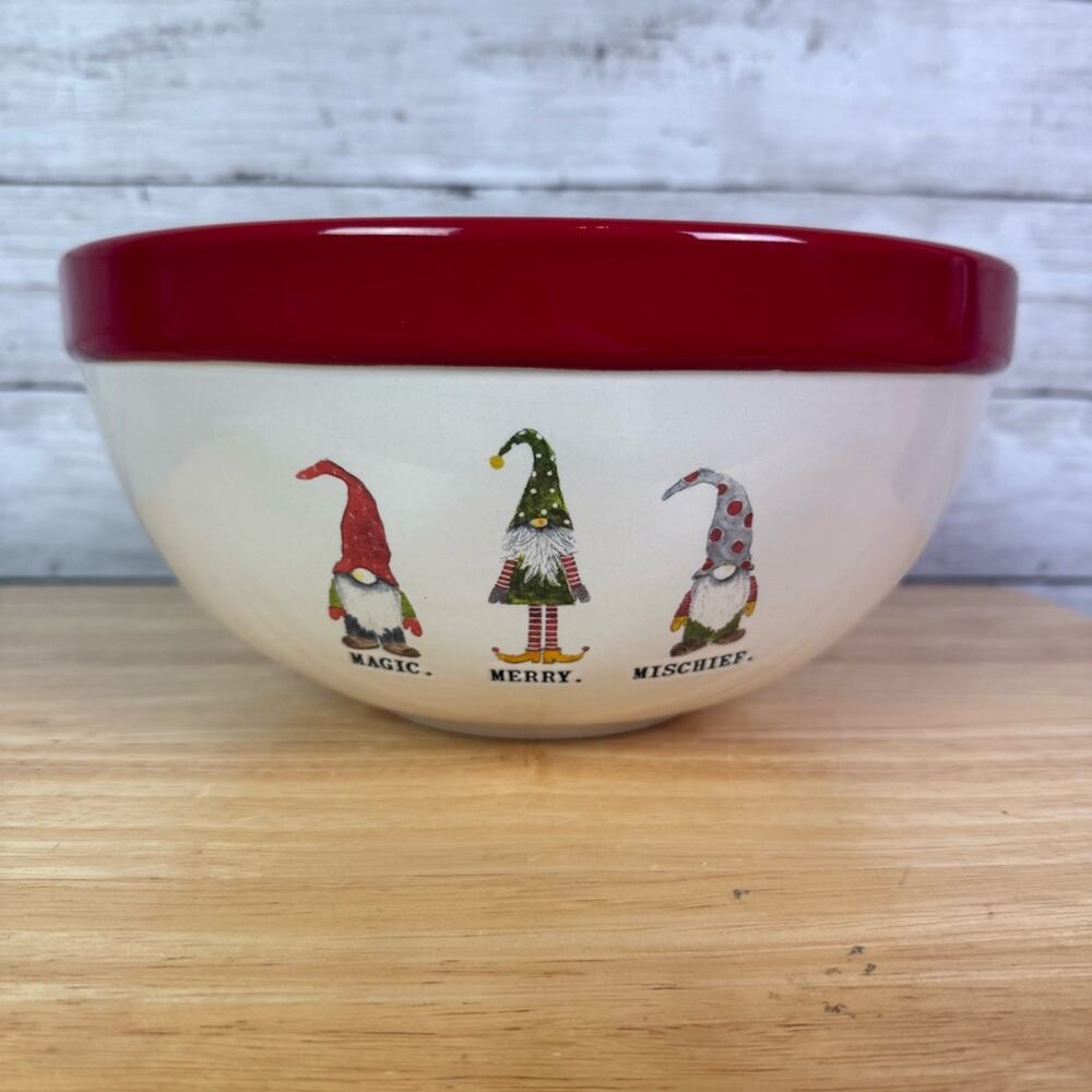 Rae Dunn Festive Gnome Bowl with Red Rim
